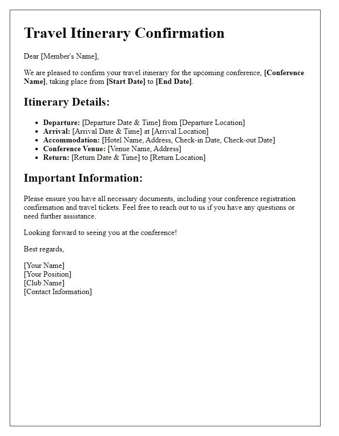 Letter template of club travel itinerary confirmation for conference attendance