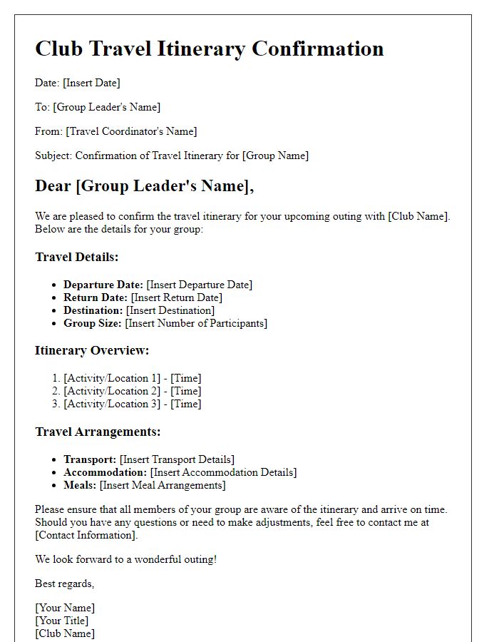 Letter template of club travel itinerary confirmation for group outings