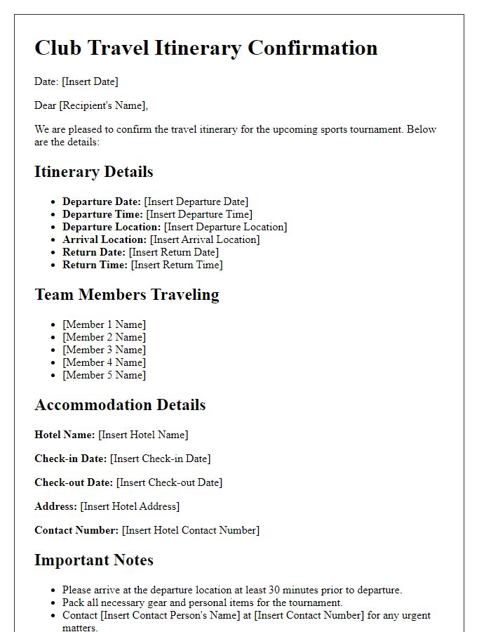 Letter template of club travel itinerary confirmation for sports tournaments