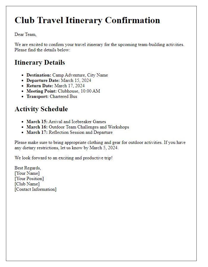 Letter template of club travel itinerary confirmation for team-building activities