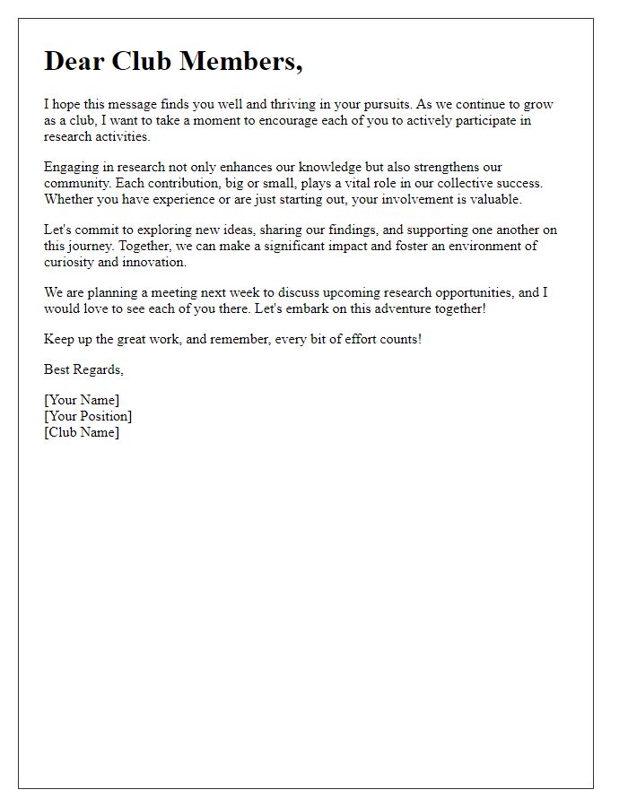 Letter template of encouragement for club members to partake in research activities