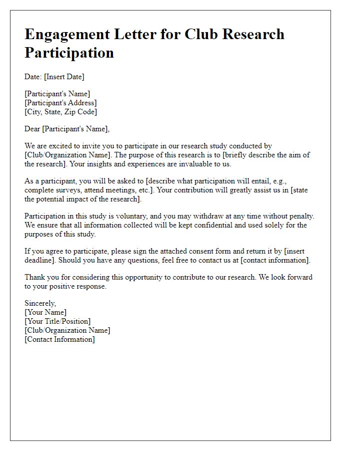 Letter template of engagement for club research participation