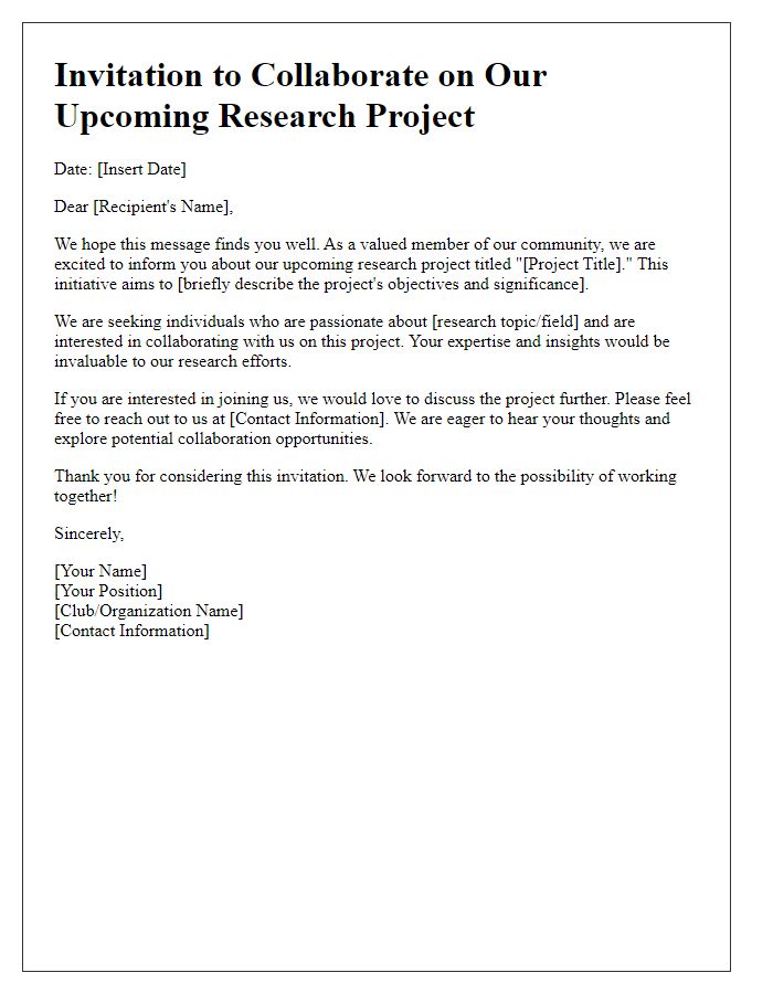 Letter template of interest solicitation for club's upcoming research project