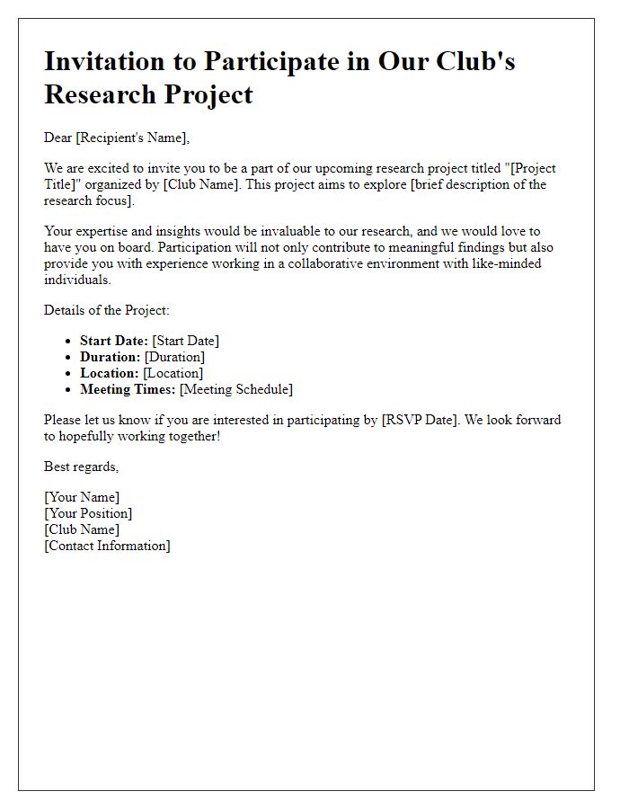 Letter template of invitation for club research project involvement