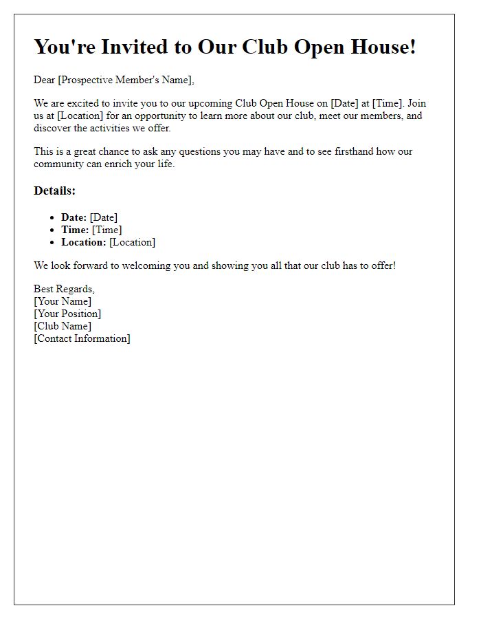 Letter template of Club Open House Invitation for Prospective Members