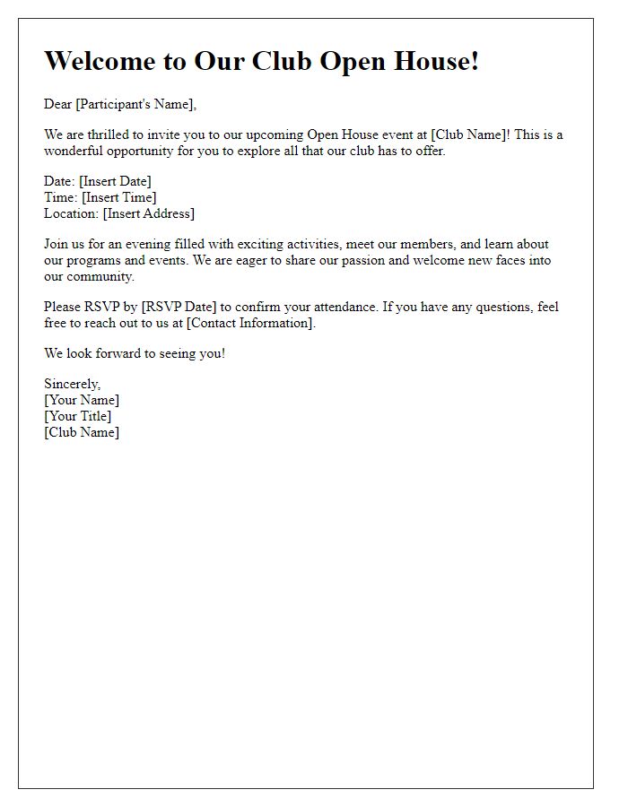 Letter template of Club Open House Welcome Letter for Interested Participants