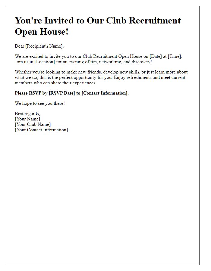 Letter template of Club Recruitment Open House Invitation for New Members