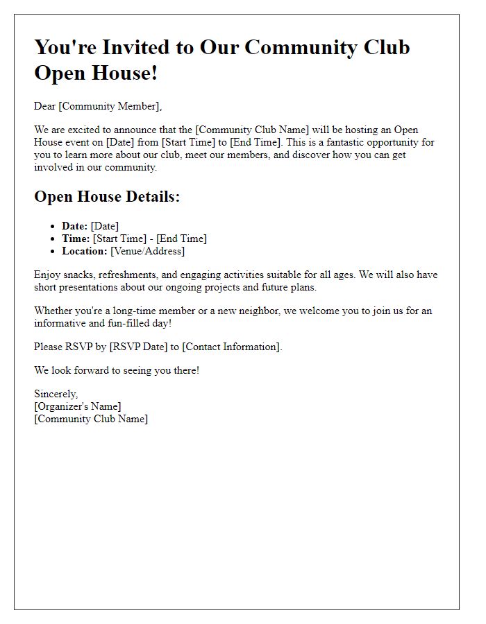 Letter template of Community Club Open House Announcement