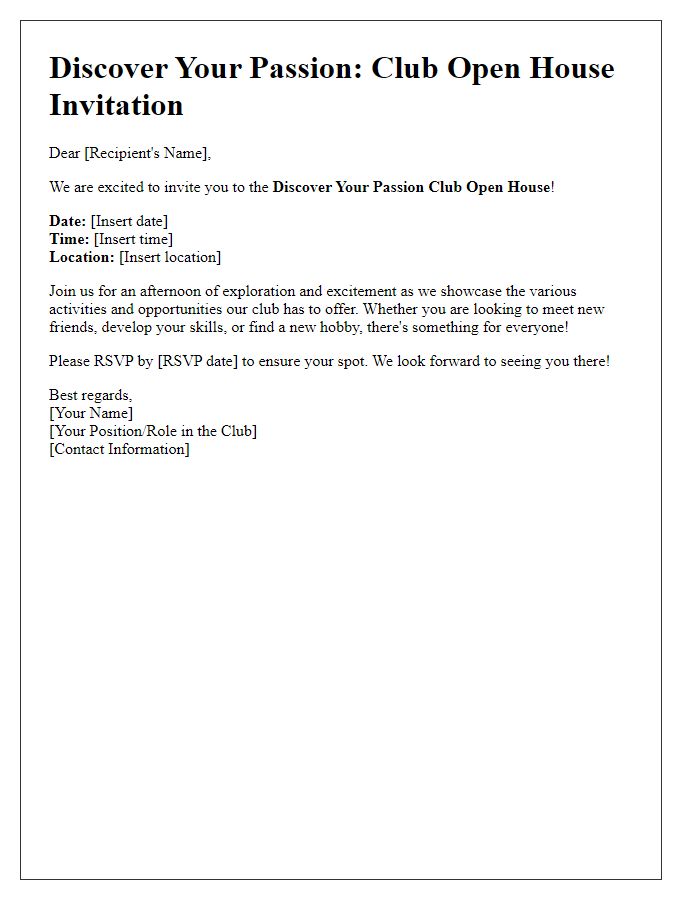 Letter template of Discover Your Passion: Club Open House Invitation