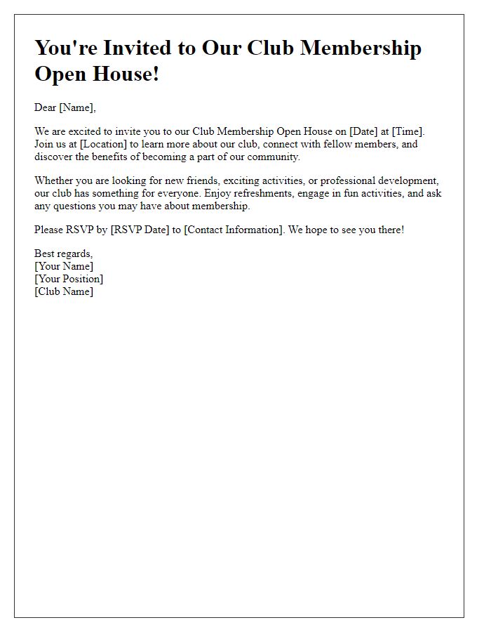 Letter template of Invitation for Club Membership Open House Event