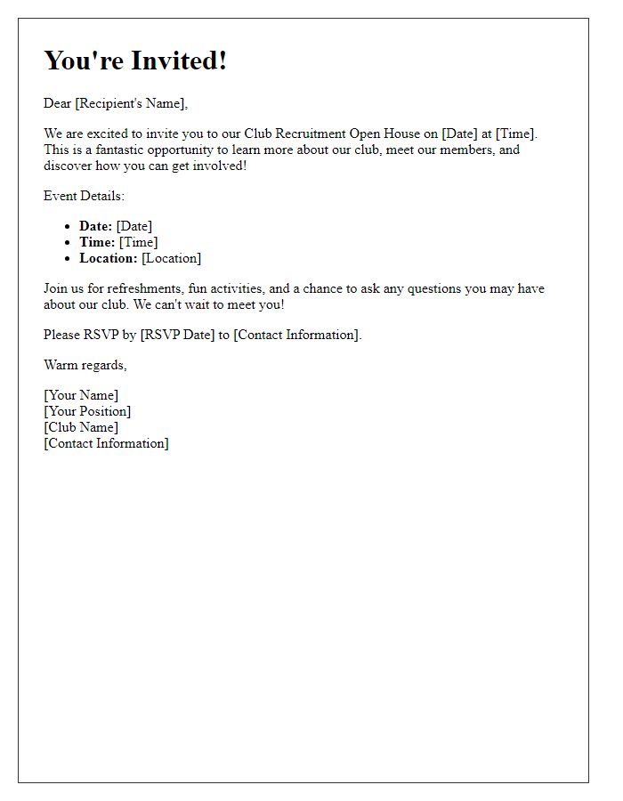 Letter template of Invitation to Join Our Club Recruitment Open House