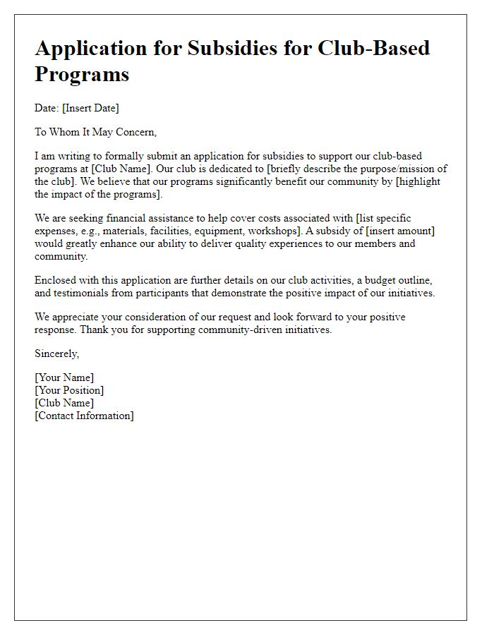 Letter template of application for subsidies for club-based programs.