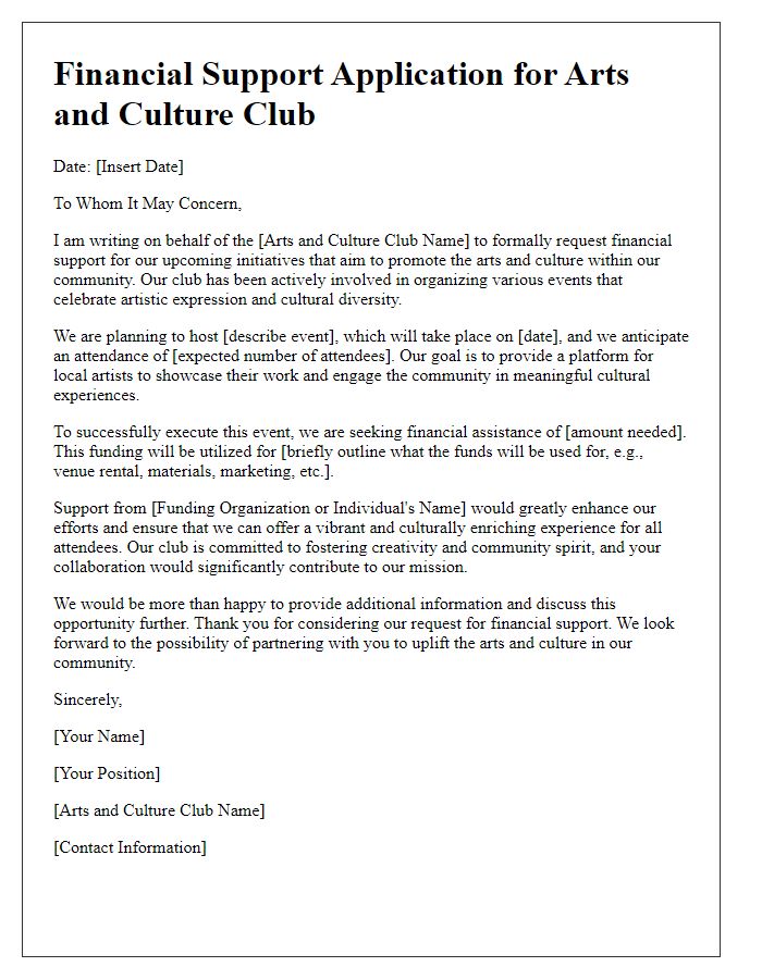 Letter template of financial support application for arts and culture club.