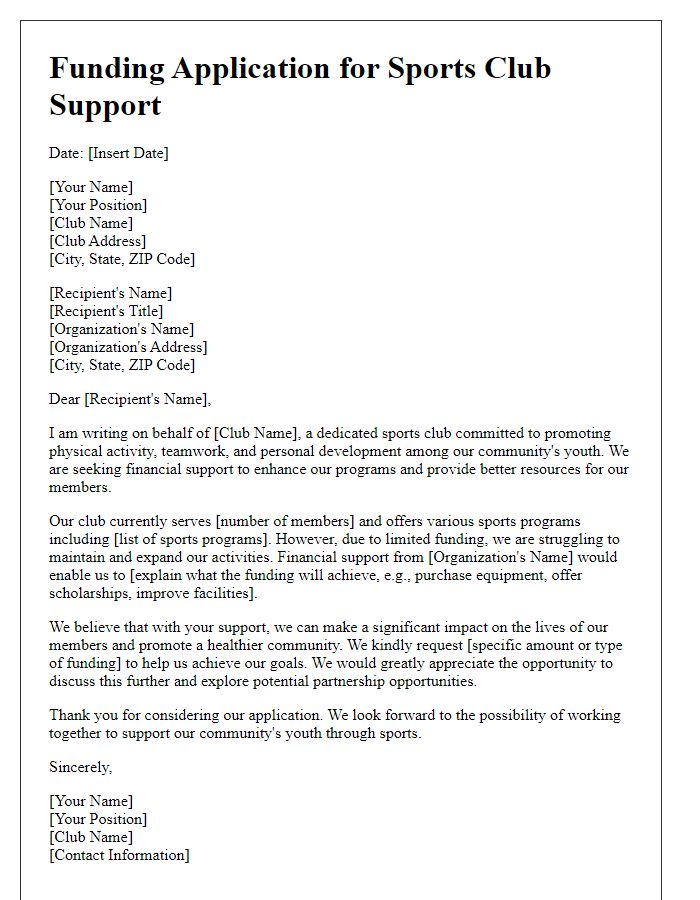 Letter template of funding application for sports club support.