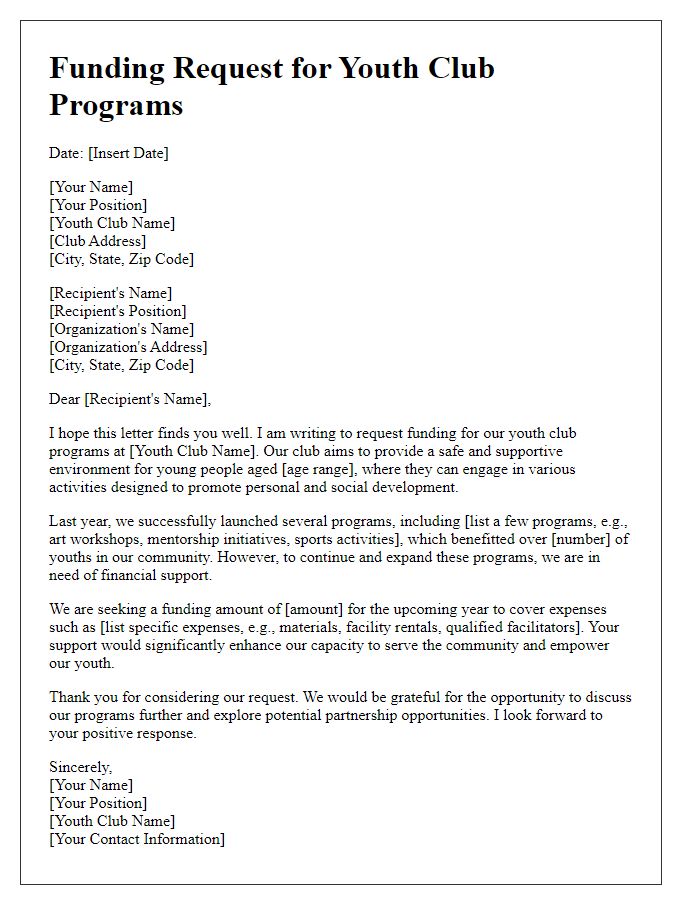 Letter template of funding request for youth club programs.