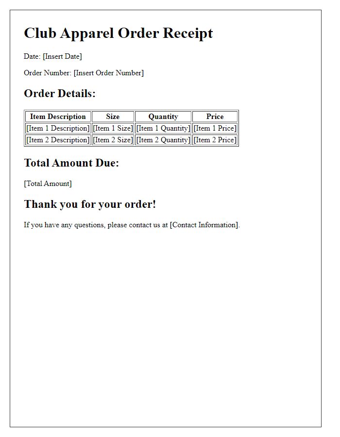 Letter template of club apparel order receipt