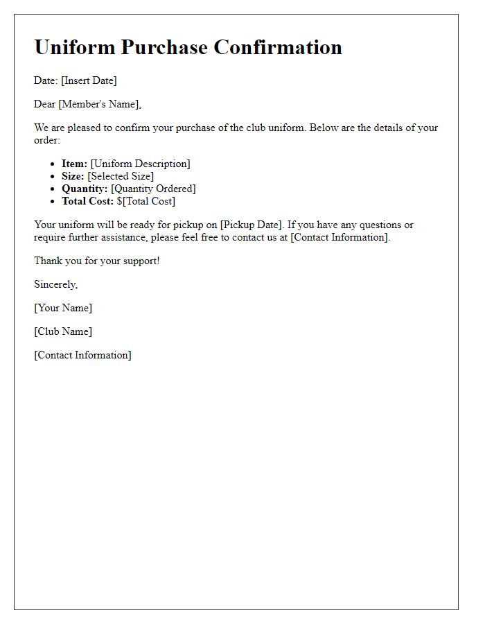 Letter template of club uniform purchase confirmation