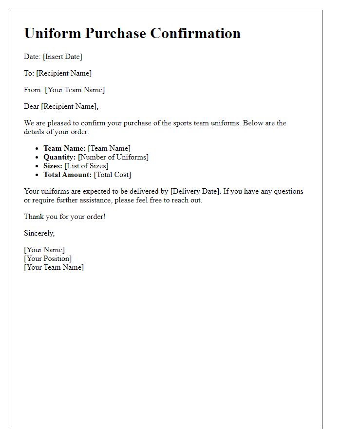 Letter template of sports team uniform purchase confirmation