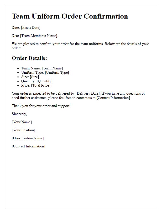 Letter template of team uniform order confirmation