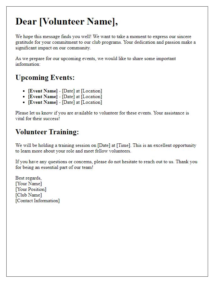 Letter template of volunteer communication for club programs