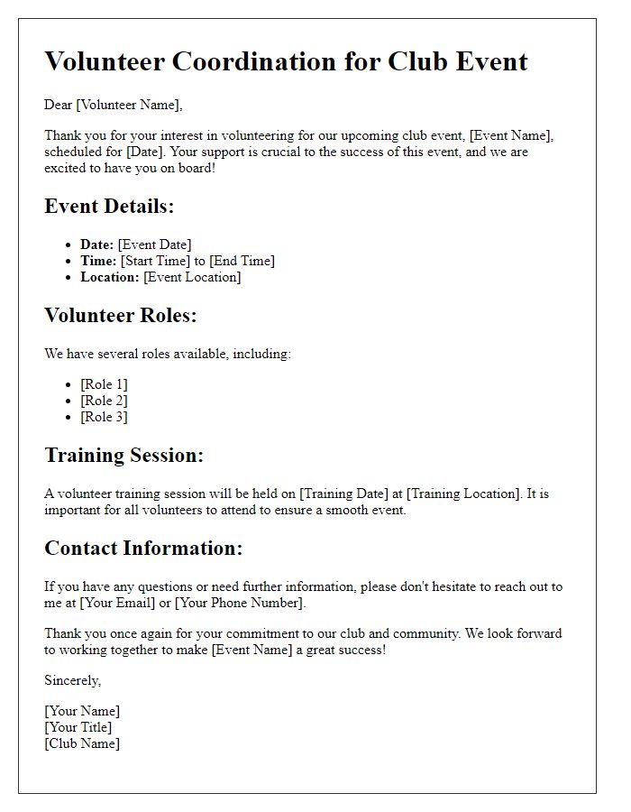 Letter template of volunteer coordination for club event organization