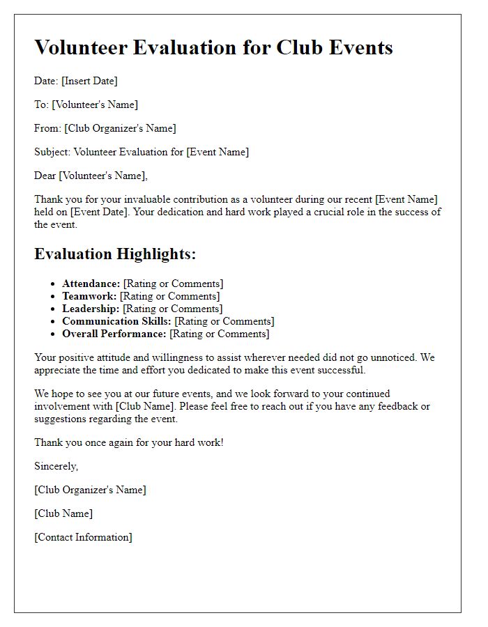 Letter template of volunteer evaluation for club events