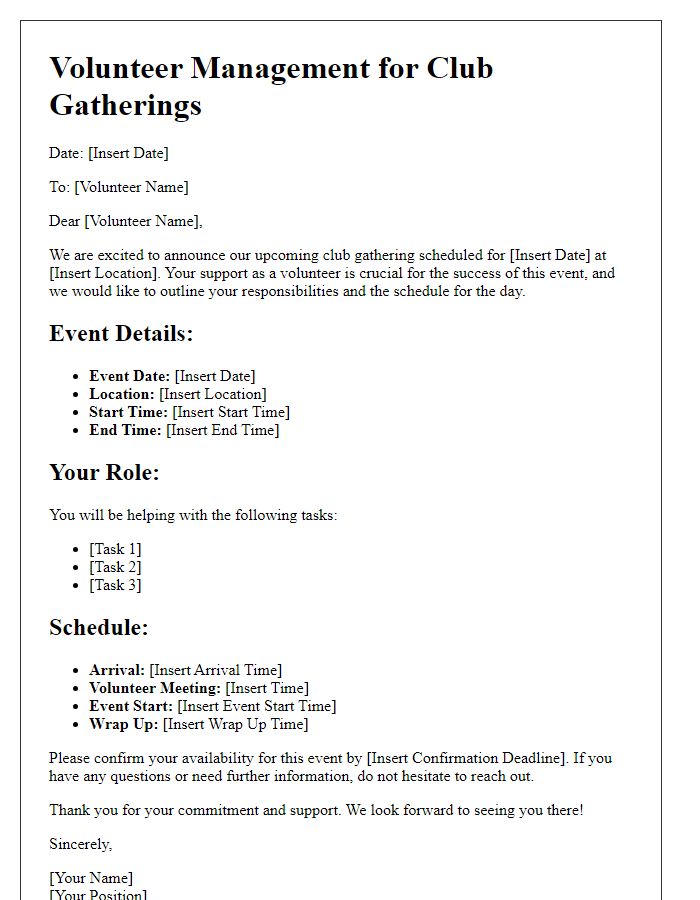 Letter template of volunteer management for club gatherings