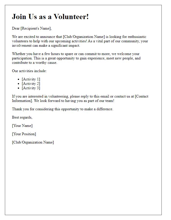 Letter template of volunteer recruitment for club activities