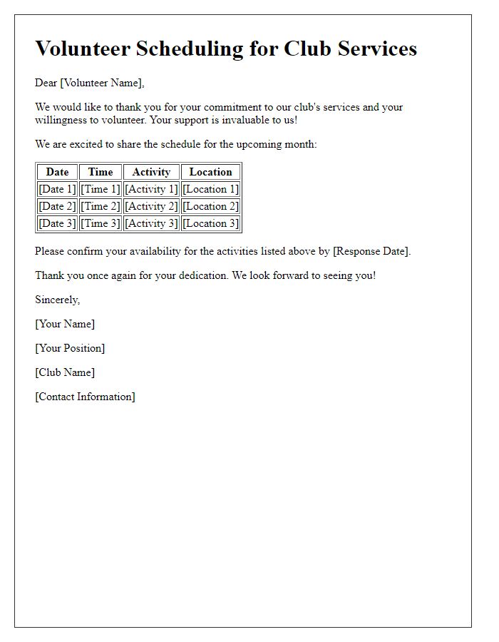 Letter template of volunteer scheduling for club services