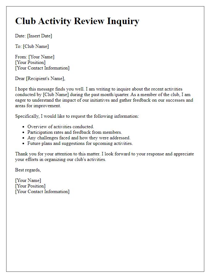 Letter template of club activity review inquiry