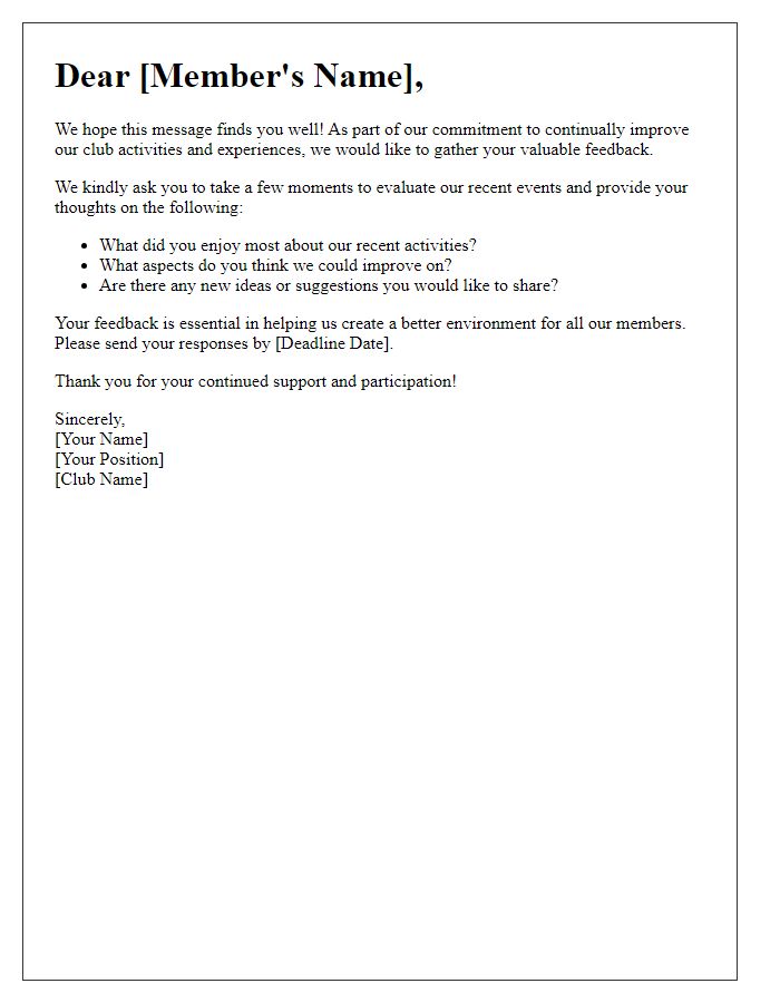 Letter template of club evaluation feedback solicitation