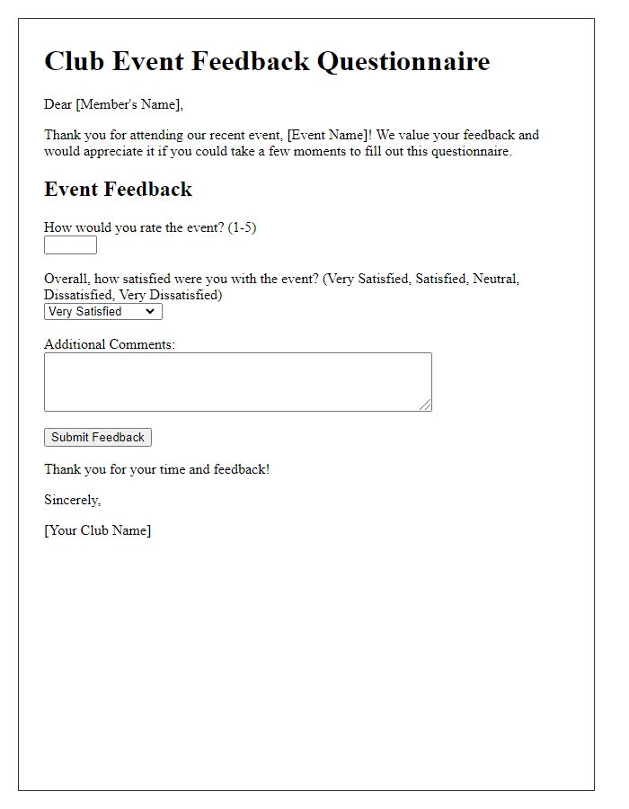 Letter template of club event feedback questionnaire