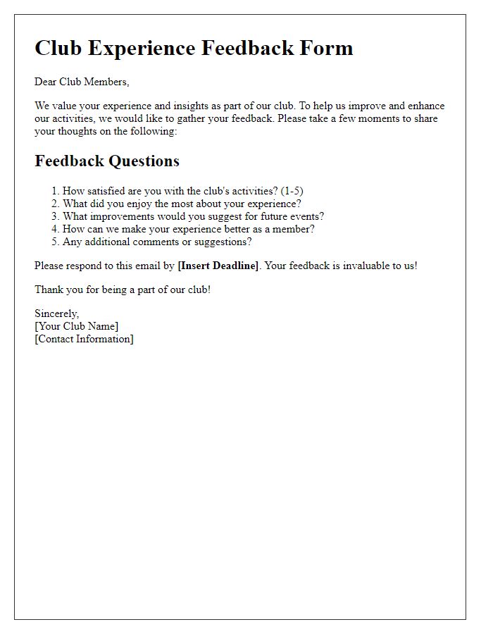 Letter template of club experience feedback gathering