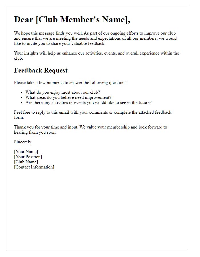 Letter template of club feedback collection request