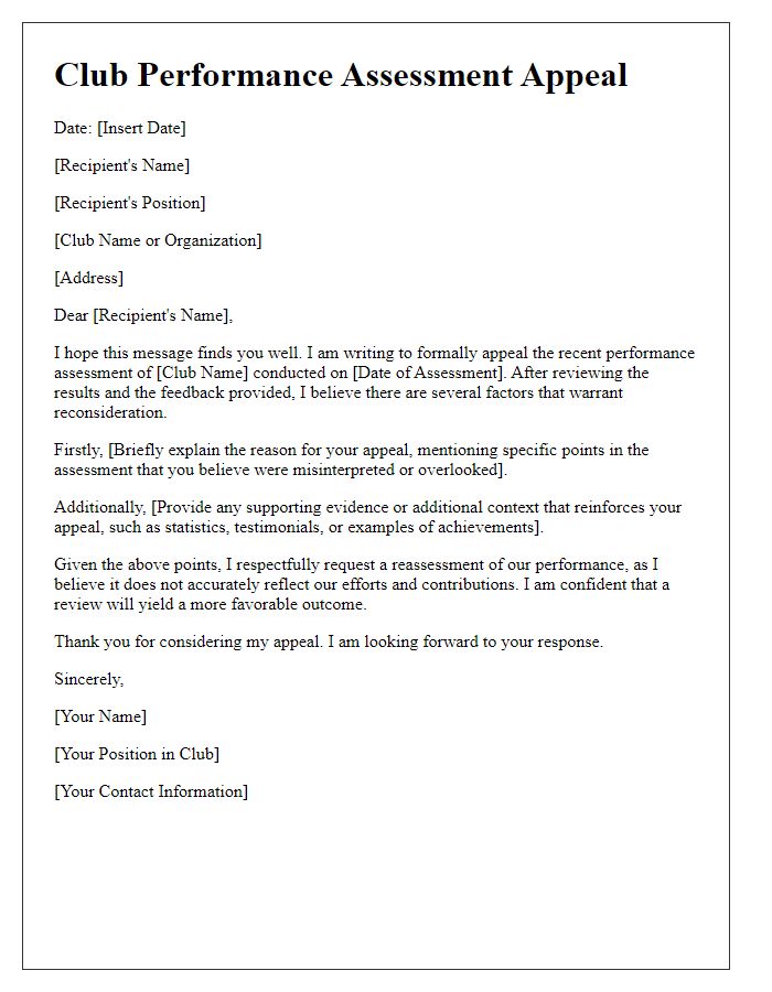 Letter template of club performance assessment appeal