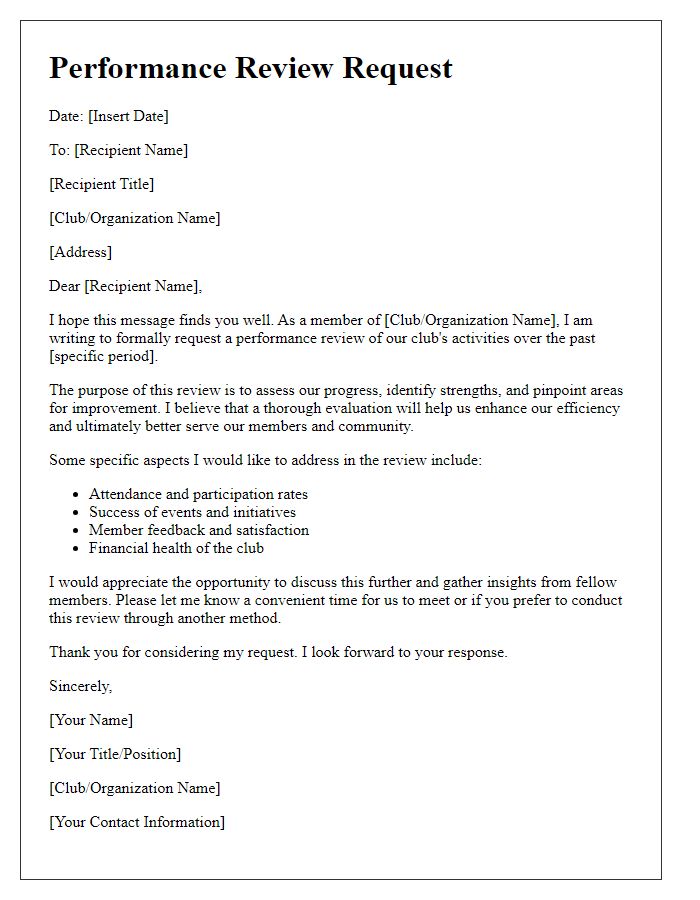 Letter template of club performance review request