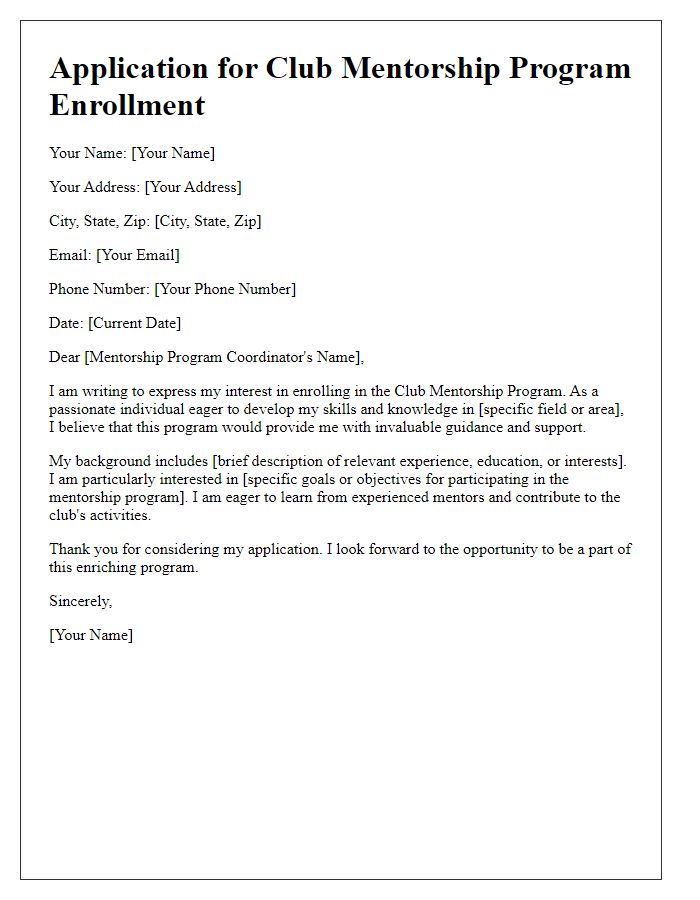 Letter template of application for club mentorship program enrollment