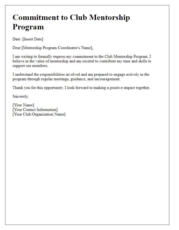 Letter template of commitment to club mentorship program involvement