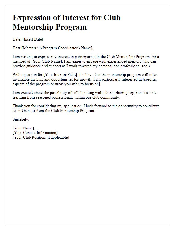 Letter template of expression for club mentorship program interest