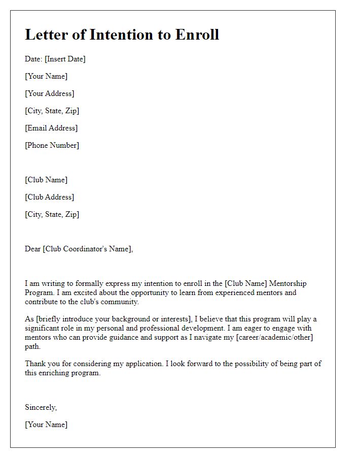 Letter template of intention to enroll in club mentorship program