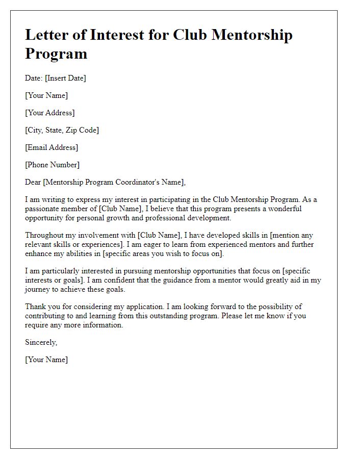 Letter template of interest for club mentorship program participation