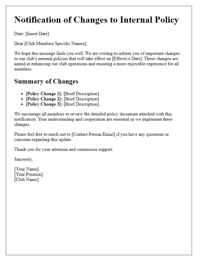 Letter template of club changes to internal policy notification