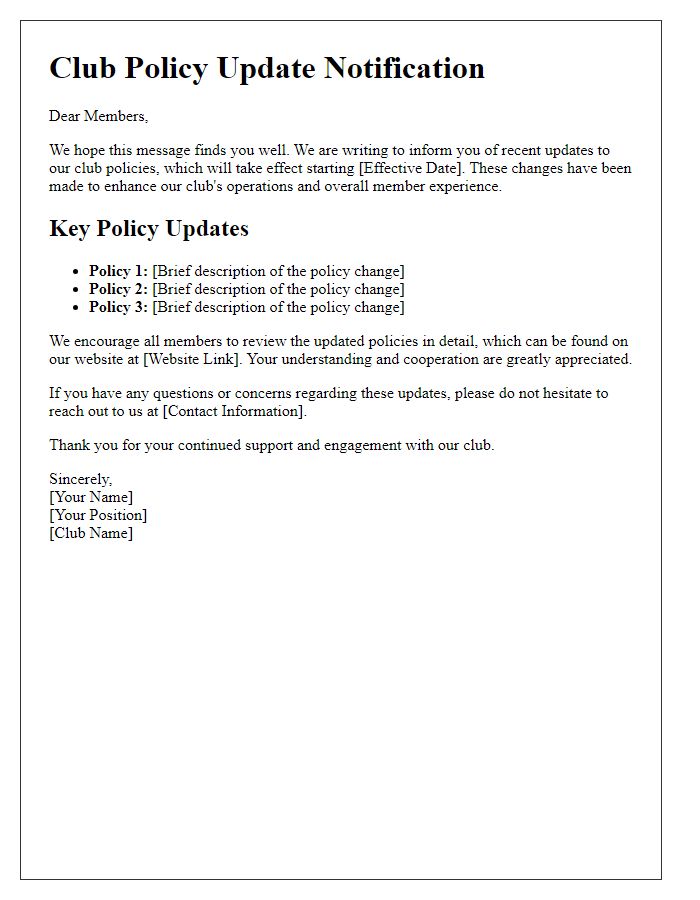 Letter template of club policy update notification