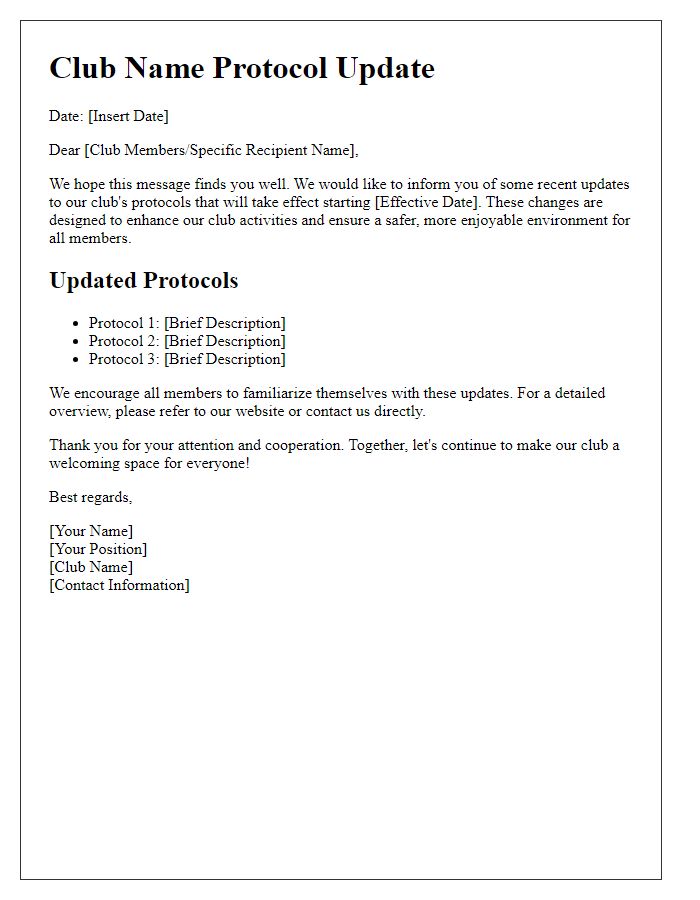 Letter template of club protocol update correspondence