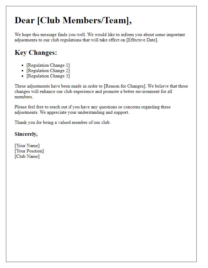 Letter template of club regulation adjustment communication