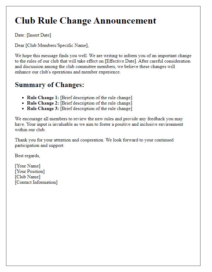 Letter template of club rule change announcement