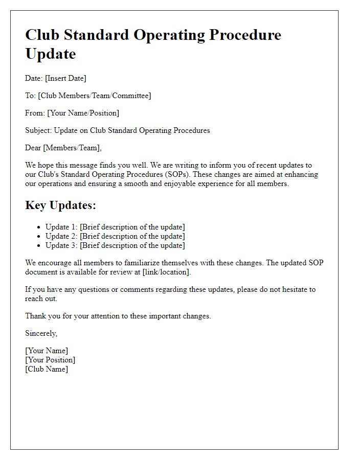 Letter template of club standard operating procedure update