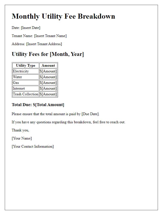 Letter template of breakdown of monthly utility fees for tenants