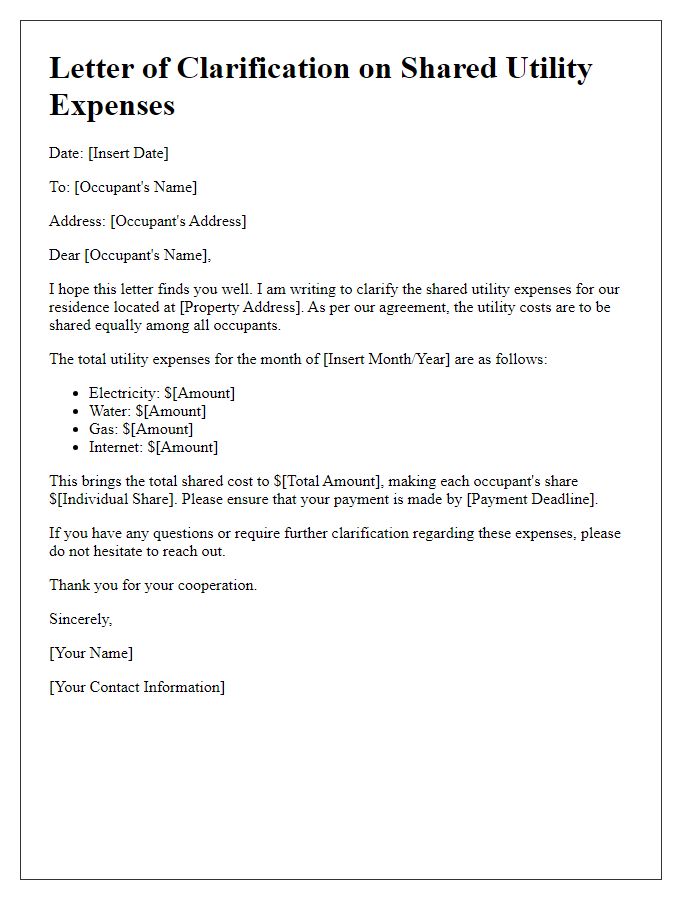 Letter template of clarification on shared utility expenses for occupants