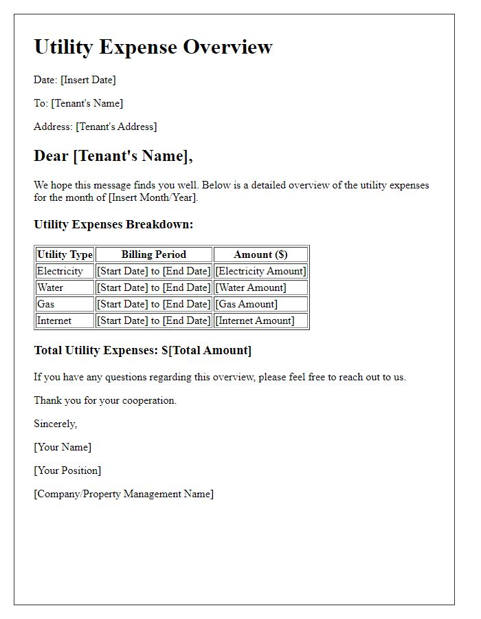 Letter template of detailed utility expense overview for tenants